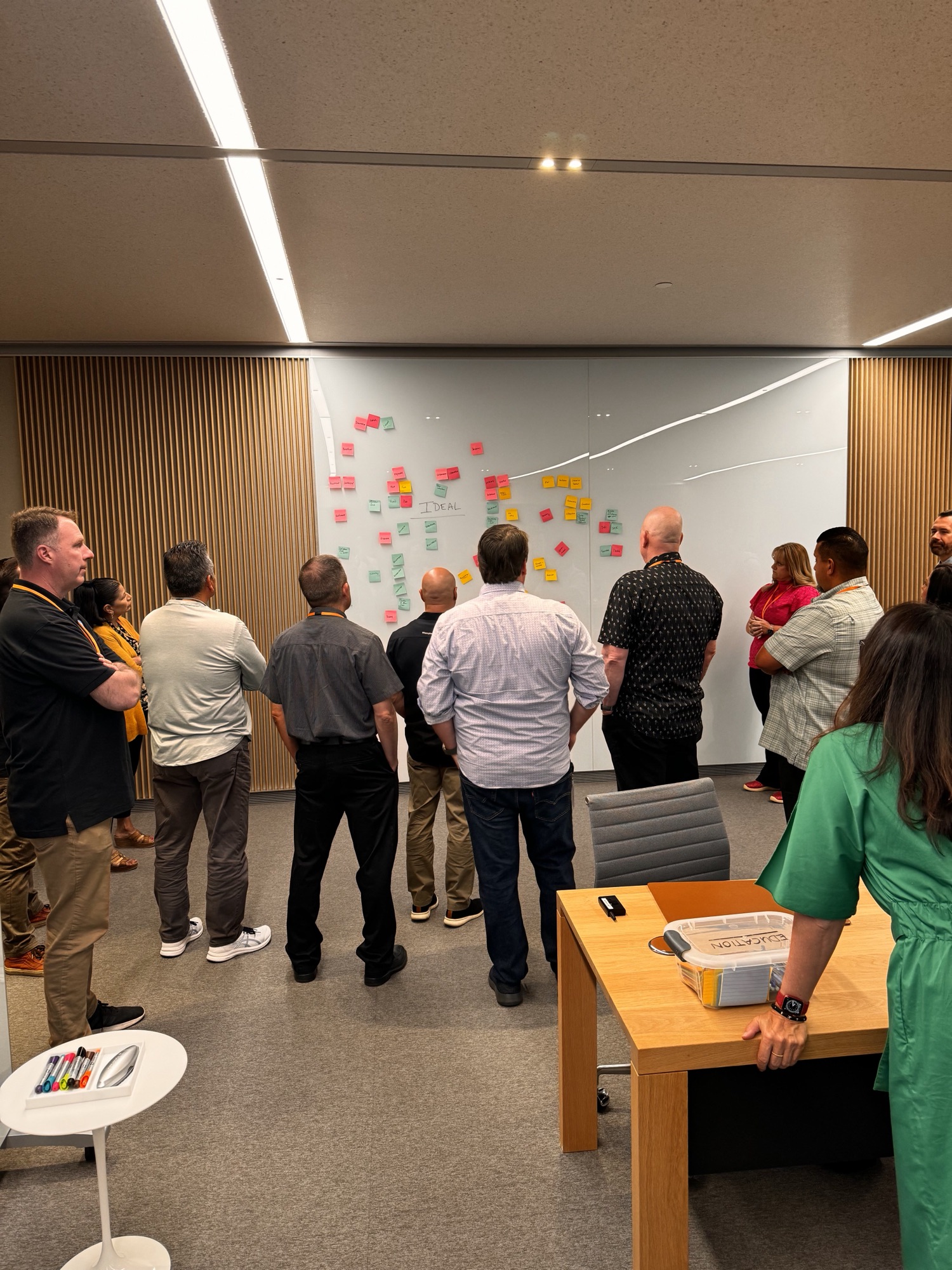 Workshop participants clustering ideas on a whiteboard during an ideation session